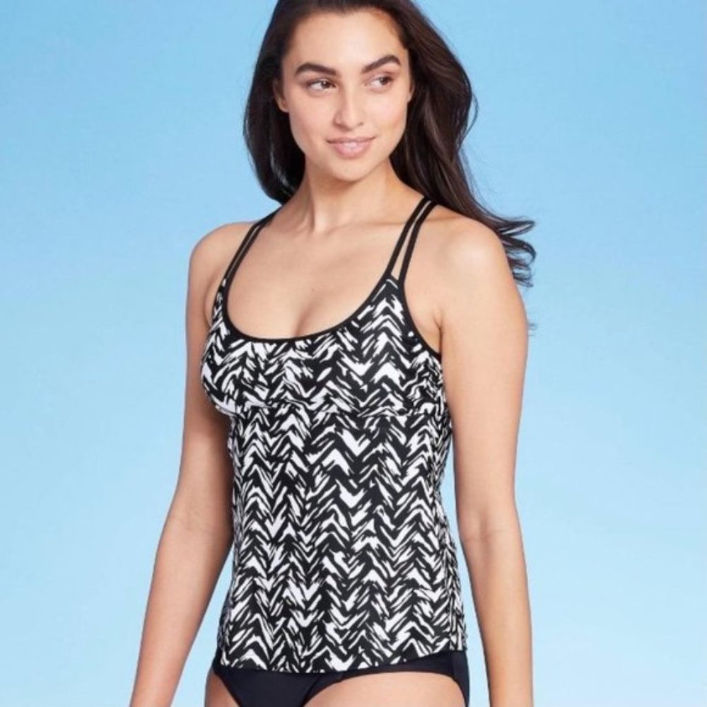 Kona Sol Racerback Tankini Top Black White Swimsuit Beach
